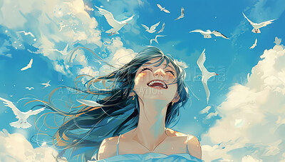 Smile, laughing and girl outdoor with blue sky, clouds and nature on a wallpaper background. Happy teen, funny or excited for comedy with illustration, art and anime painting with birds in summer