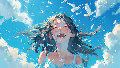 Excited, funny and girl outdoor with blue sky, clouds and nature on wallpaper background. Happy teen, face and laughing for comedy with illustration, birds or anime art painting with color in summer