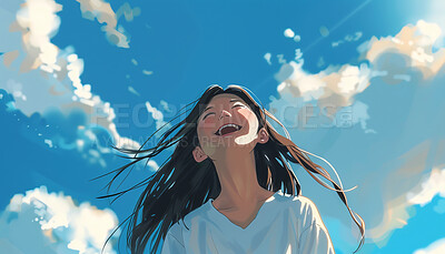 Face, funny and girl outdoor with blue sky, clouds and sunshine on wallpaper background. Happy teen, excited and laughing at comedy with illustration, art and anime painting with watercolor in summer