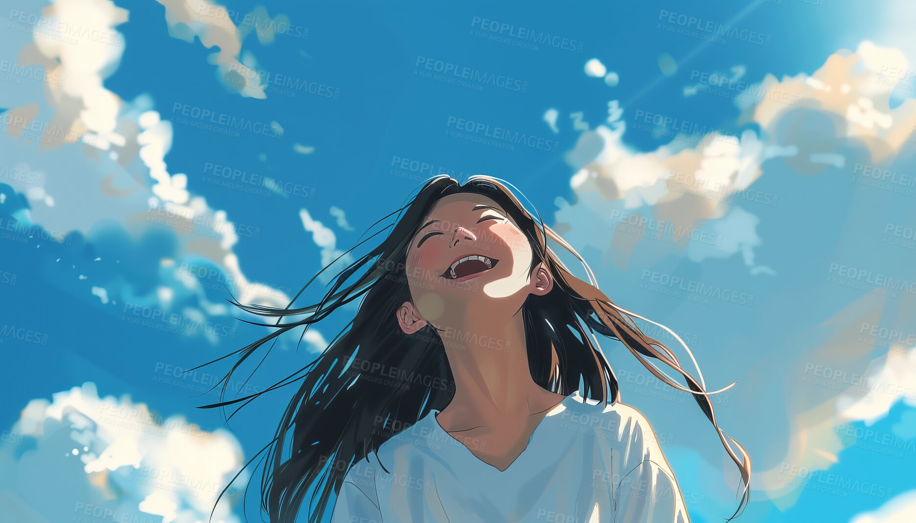 Buy stock photo Face, funny and girl outdoor with blue sky, clouds and sunshine on wallpaper background. Happy teen, excited and laughing at comedy with illustration, art and anime painting with watercolor in summer