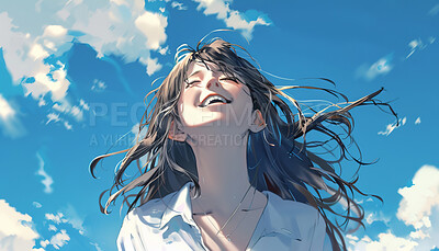 Face, funny girl and anime illustration outdoor with blue sky, clouds and sunshine on wallpaper background. Happy teen, excited and laughing at comedy with art, painting and watercolor in summer