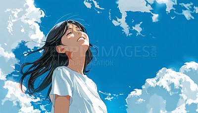 Smile, girl and anime illustration outdoor with blue sky, clouds and hair in wind on wallpaper background. Happy teen, funny and laughing at comedy with art, painting and watercolor on summer holiday