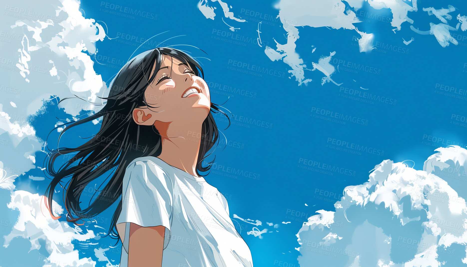 Buy stock photo Smile, girl and anime illustration outdoor with blue sky, clouds and hair in wind on wallpaper background. Happy teen, funny and laughing at comedy with art, painting and watercolor on summer holiday
