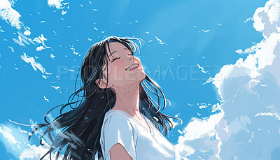 Happy, girl and anime illustration outdoor with blue sky, clouds and hair in wind on a wallpaper background. Teen, funny and laughing at comedy with art painting, birds and color on summer holiday