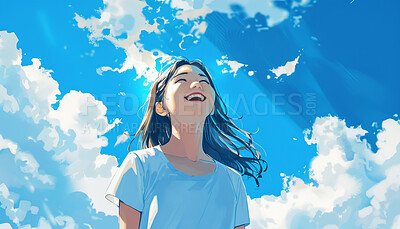 Funny girl, outdoor and hair in wind with blue sky, clouds and sunshine on wallpaper in low angle. Happy teen, excited or laughing for comedy with illustration, art and anime painting color in summer