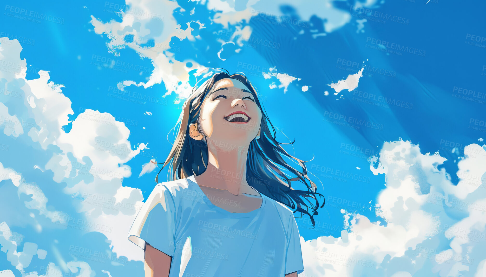 Buy stock photo Funny girl, outdoor and hair in wind with blue sky, clouds and sunshine on wallpaper in low angle. Happy teen, excited or laughing for comedy with illustration, art and anime painting color in summer