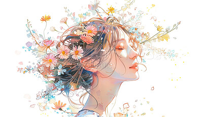 Drawing, paint and woman with flowers for art and anime illustration or painting for wallpaper or background. Girl, nature and floral for beauty or creative, artistic and watercolor craft in studio.