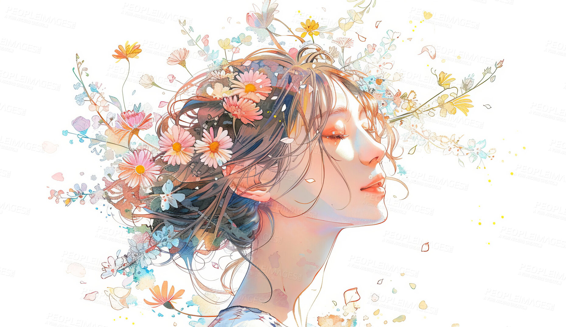 Buy stock photo Drawing, paint and woman with flowers for art and anime illustration or abstract for wallpaper or background. Girl, nature and floral for beauty or creative, artistic and watercolor craft in studio.