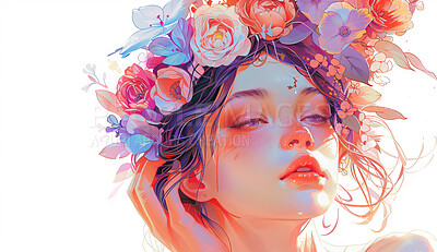 Abstract, paint and woman with flowers for art and anime drawing or painting for wallpaper or background. Girl, nature and floral for creative illustration, artistic and watercolor craft in studio.