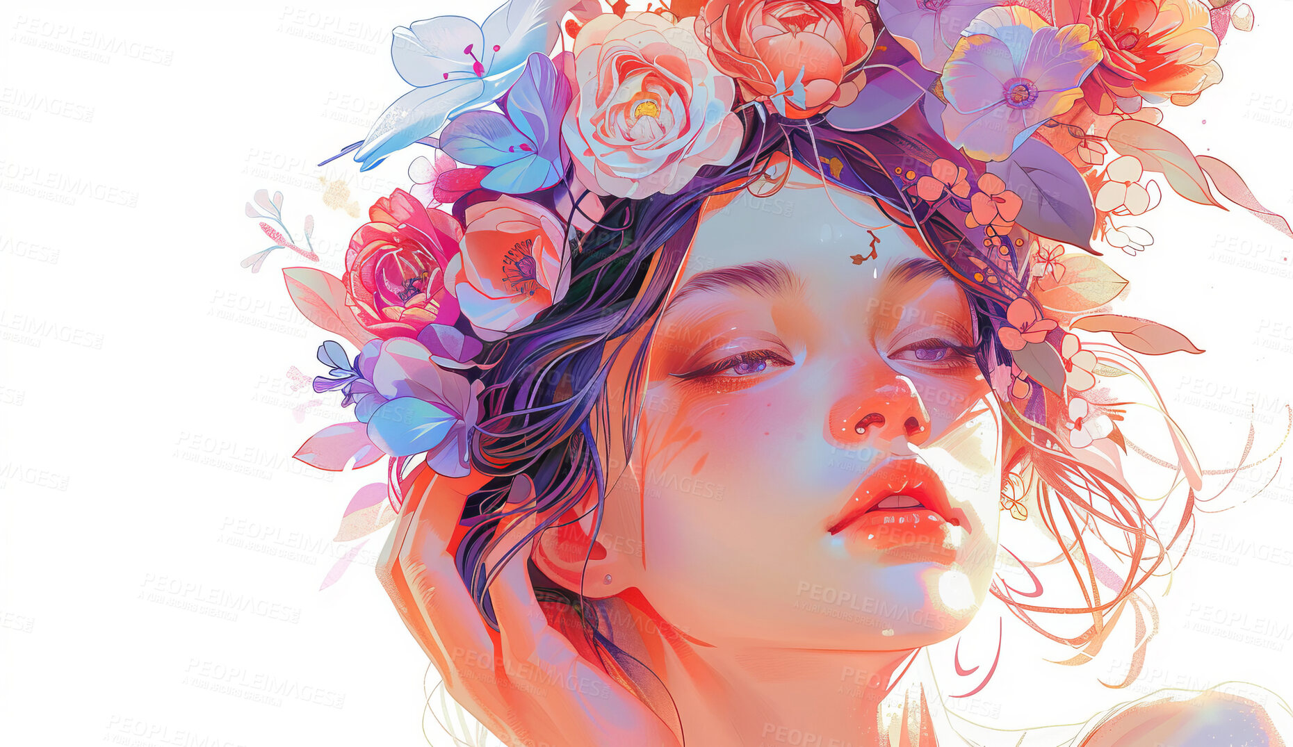 Buy stock photo Abstract, paint and woman with flowers for art and anime drawing or painting for wallpaper or background. Girl, nature and floral for creative illustration, artistic and watercolor craft in studio.