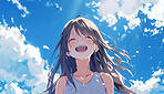 Smile, funny and girl outdoor with blue sky, clouds and nature on a background for wallpaper. Happy teen, excited or laughing for comedy with illustration, art and anime painting with color in summer