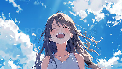 Smile, funny and girl outdoor with blue sky, clouds and nature on a background for wallpaper. Happy teen, excited or laughing for comedy with illustration, art and anime painting with color in summer
