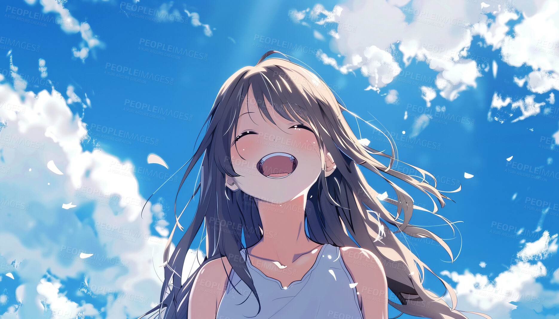 Buy stock photo Smile, funny and girl outdoor with blue sky, clouds and nature on a background for wallpaper. Happy teen, excited or laughing for comedy with illustration, art and anime painting with color in summer