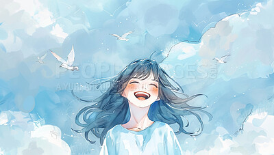 Happy, birds and oil painting of girl for art, illustration or creative wallpaper for background. Smile, blue sky and female person laughing with abstract watercolor drawing for cartoon design.