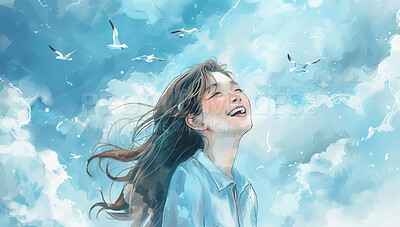 Happy, girl and anime art with blue sky, birds and clouds for freedom and peace in illustration. Japanese woman, smile and painting for abstract drawing of happiness wallpaper with nature background