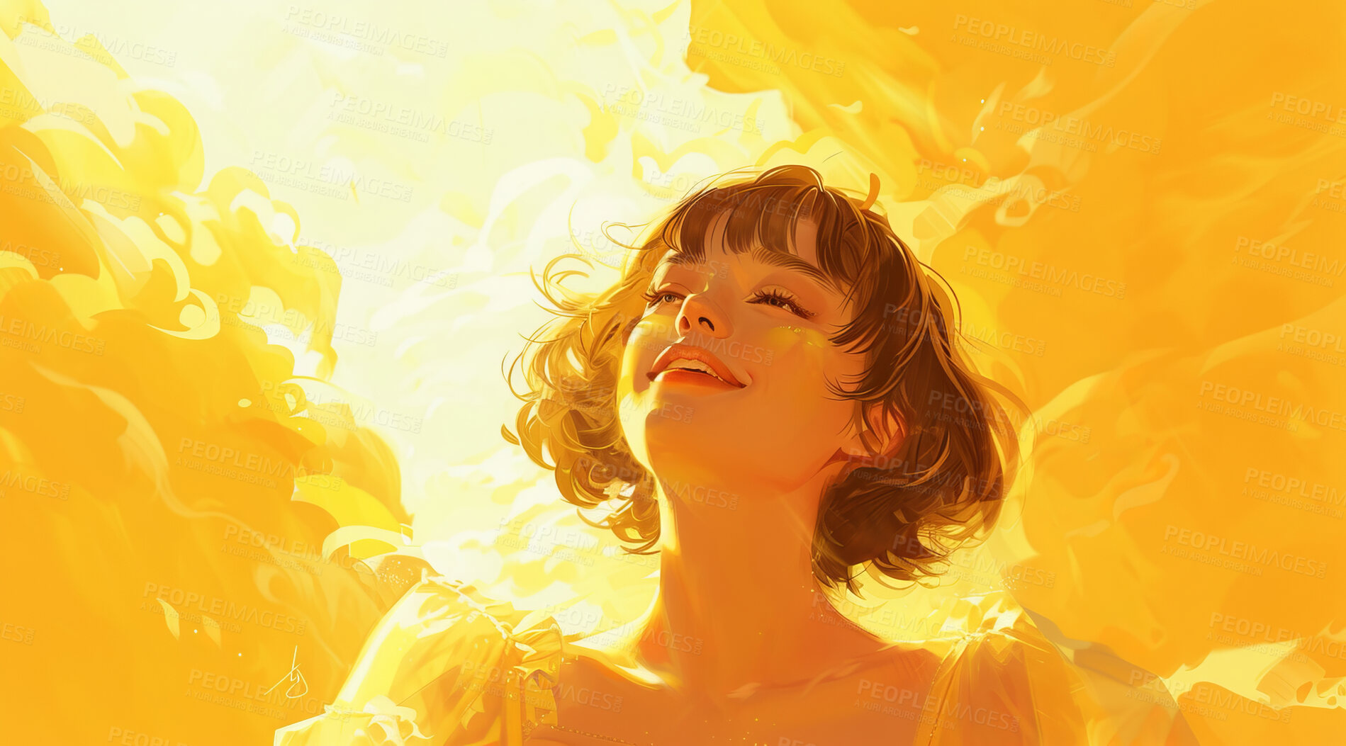 Buy stock photo Anime illustration, thinking and woman with yellow art background for paint, peace or wallpaper. Creative, happy or relax and person outdoor with clouds in bright sky for summer calm, serenity or zen