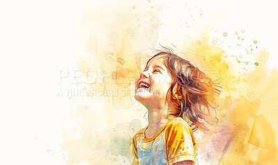 Art, illustration and girl child laughing for comic, funny or comedy joke with playing for abstract. Animation, cartoon and kid with happy and positive for development by background with mockup space
