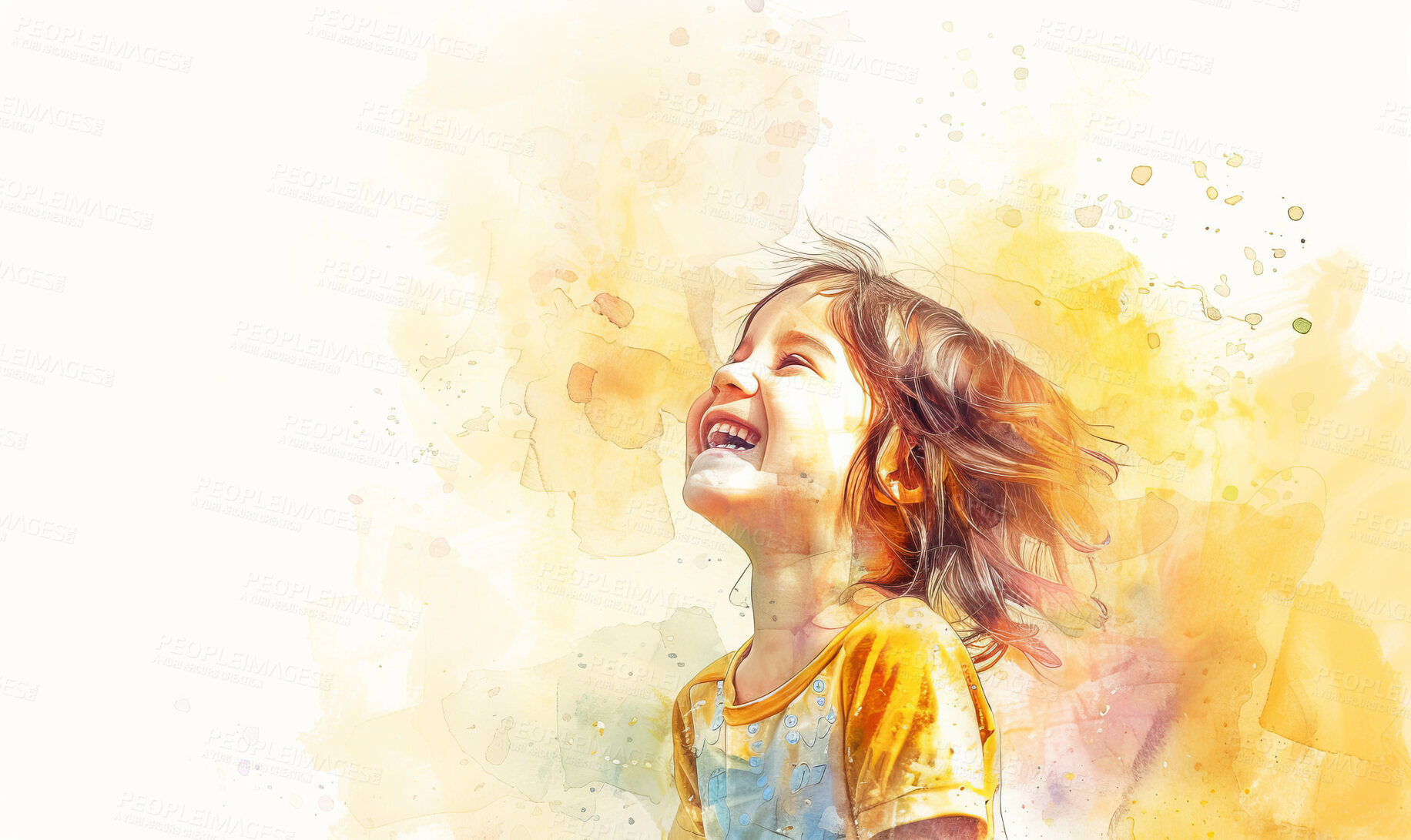 Buy stock photo Art, illustration and girl child laughing for comic, funny or comedy joke with playing for abstract. Animation, cartoon and kid with happy and positive for development by background with mockup space