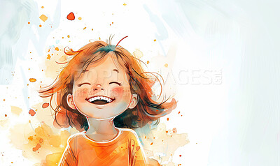 Abstract, illustration and girl child laughing for comic, funny or comedy joke with playing. Animation, art and kid with happiness and positive face for development by background with mockup space.