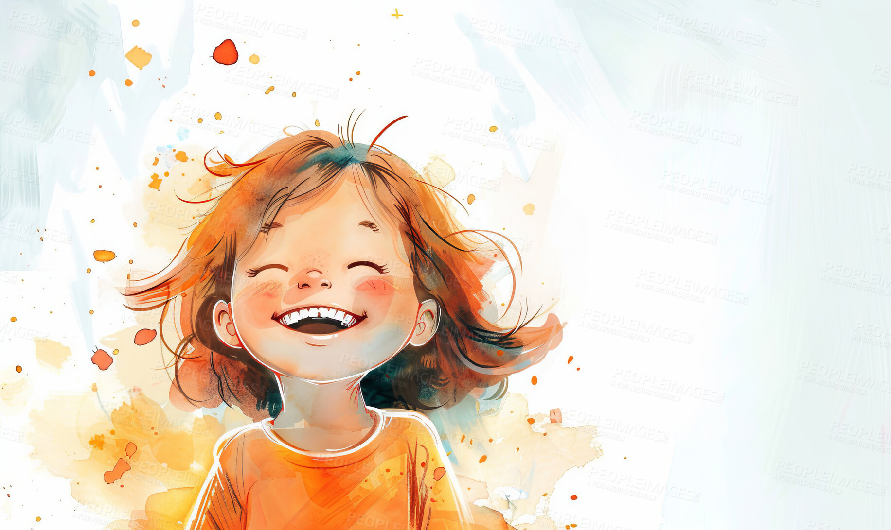 Buy stock photo Abstract, illustration and girl child laughing for comic, funny or comedy joke with playing. Animation, art and kid with happiness and positive face for development by background with mockup space.