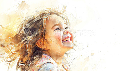 Watercolor, illustration and child laughing as painting with white background, mockup space or creativity. Girl, smile and funny joke with humor as wallpaper with artistic drawing, craft or studio