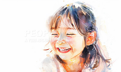 Child, laughing and watercolor art as drawing on white background, mockup space or creativity. Girl, kid and funny joke with happy as craft painting or digital art in studio, humor or illustration