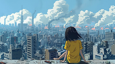 Terrace, city and cartoon of woman with buildings for view with wallpaper, design or background. Art, animation and back of female person on rooftop in urban town for abstract design in Hong Kong.