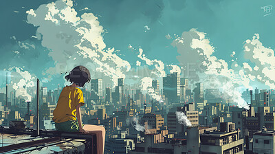 City, landscape and anime with girl for art, pollution and child future in Japan painting for graphic wallpaper. Urban, illustration and kid on roof top, buildings and environmental degradation