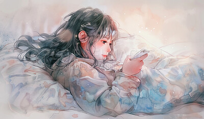 Watercolor, night and girl in bed with smartphone, scroll on social media or online chat app on art wallpaper. Drawing, illustration or creative painting with tired teenager in bedroom checking phone
