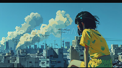 Smoke, city and cartoon of woman with view of buildings for wallpaper, design or background. Art, animation and female person on rooftop or terrace in urban town for abstract design in Hong Kong.