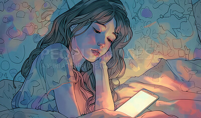 Watercolor, night and girl in bed with phone, scroll on social media or online chat with art wallpaper. Drawing, illustration or creative aesthetic with tired teenager in bedroom checking mobile app.