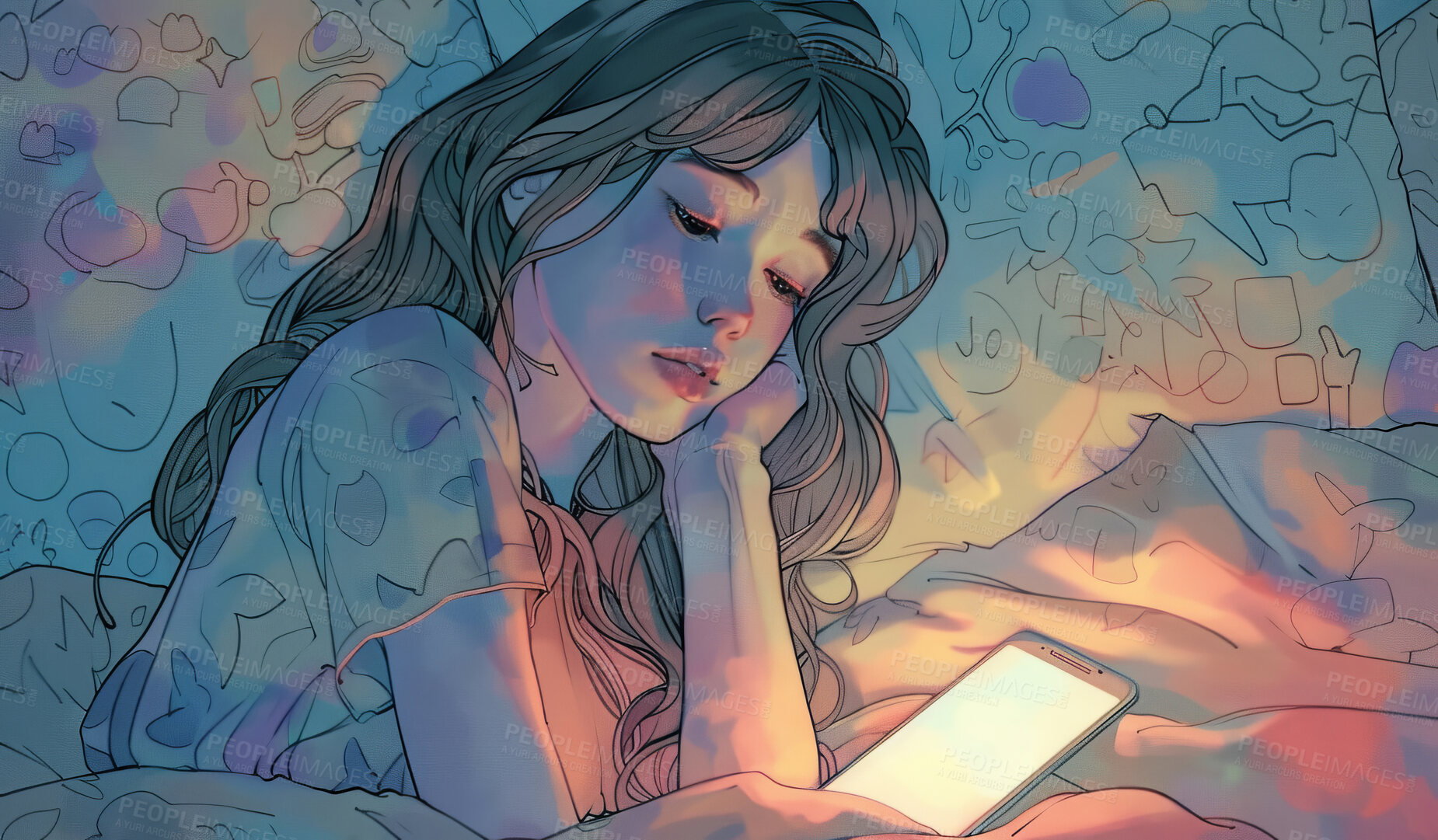 Buy stock photo Watercolor, night and girl in bed with phone, scroll on social media or online chat with art wallpaper. Drawing, illustration or creative aesthetic with tired teenager in bedroom checking mobile app.