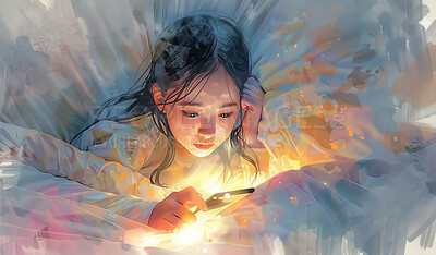 Watercolor, night and child in bed with phone, scroll on social media or games with art wallpaper. Drawing, illustration or creative painting with girl in bedroom checking mobile app on smartphone