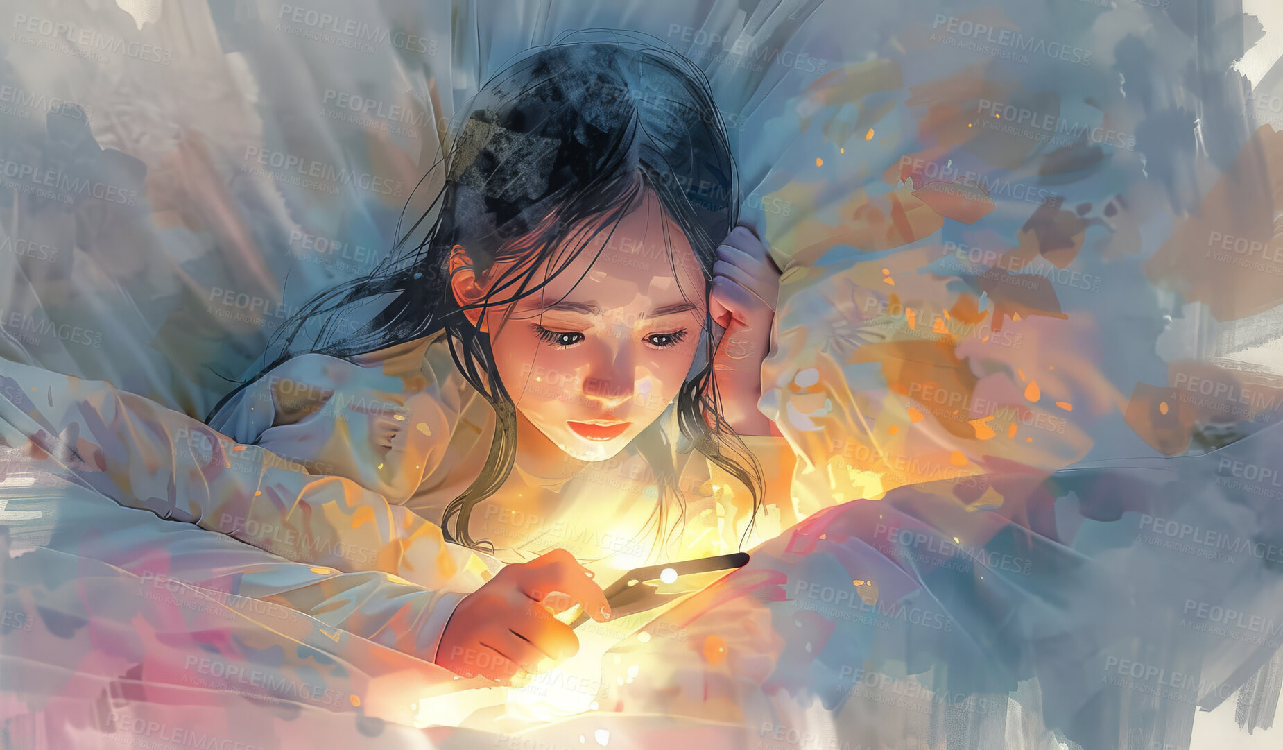 Buy stock photo Watercolor, night and child in bed with phone, scroll on social media or games with art wallpaper. Drawing, illustration or creative painting with girl in bedroom checking mobile app on smartphone