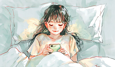 Girl, anime and bed with phone for relax or search, communication or browsing with social media. Female child, mobile and animation in home with happiness or website, video call with technology