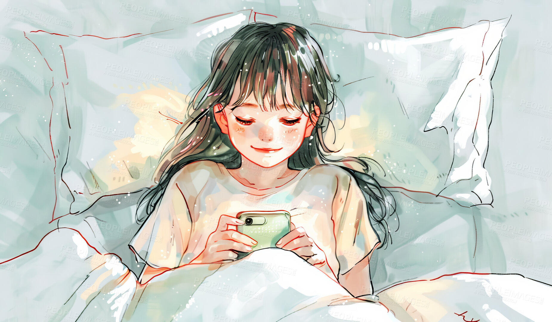 Buy stock photo Girl, anime and bed with phone for relax or search, communication or browsing with social media. Female child, mobile and animation in home with happiness or website, video call with technology