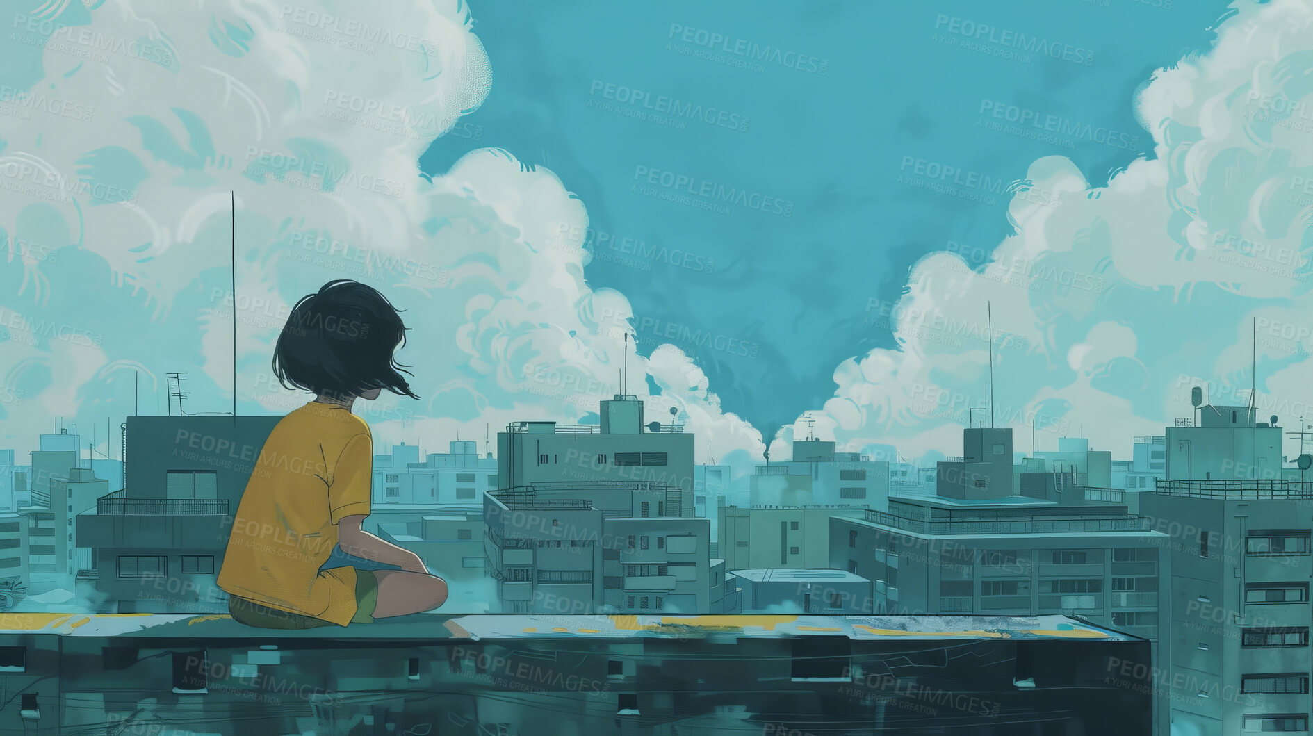 Buy stock photo Anime, buildings and girl on rooftop in city with clouds on blue sky, thinking and zen in creative digital art. Drawing, character or illustration of person on roof with skyline on fantasy wallpaper.