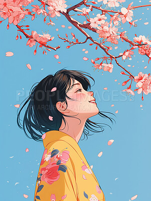 Art, animation and woman with tree in illustration for graphic wallpaper, painting and creative abstract. Anime, female person and smile by plant with thinking for peace, design and artwork in nature
