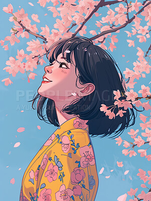 Graphic, animation and woman by tree in illustration for wallpaper, creative design and hanami. Anime, happy female person and smile with peace for painting, sakura abstract and artwork in Japan