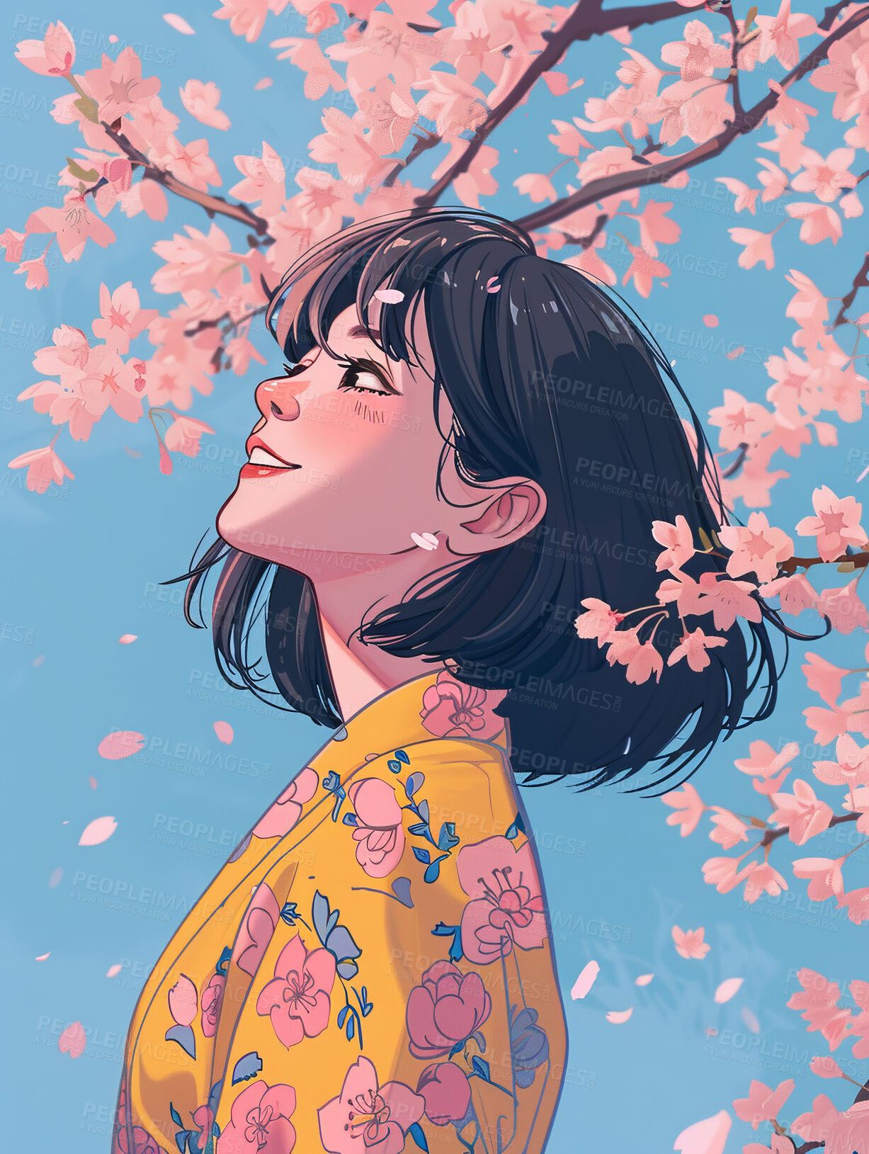 Buy stock photo Graphic, animation and woman by tree in illustration for wallpaper, creative design and hanami. Anime, happy female person and smile with peace for painting, sakura abstract and artwork in Japan