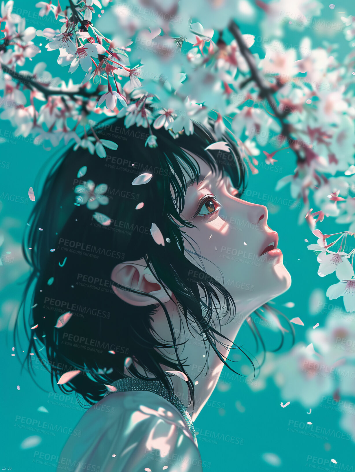 Buy stock photo Graphic, animation and girl by cherry blossom in illustration for abstract, creative wallpaper and hanami, Anime, female person and zen with tree for painting, sakura design and artwork in Japan