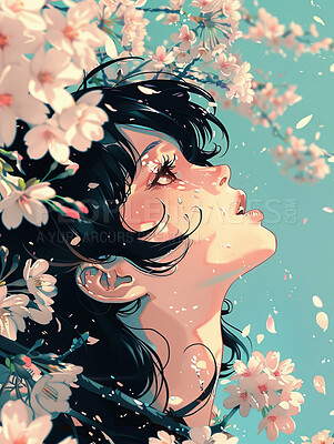 Paint, anime and flower for girl, art and blue sky of Japan, illustration and fantasy of thinking. Wallpaper, graphic and person with wonder, petals and nature in weekend, cartoon and peace outdoor