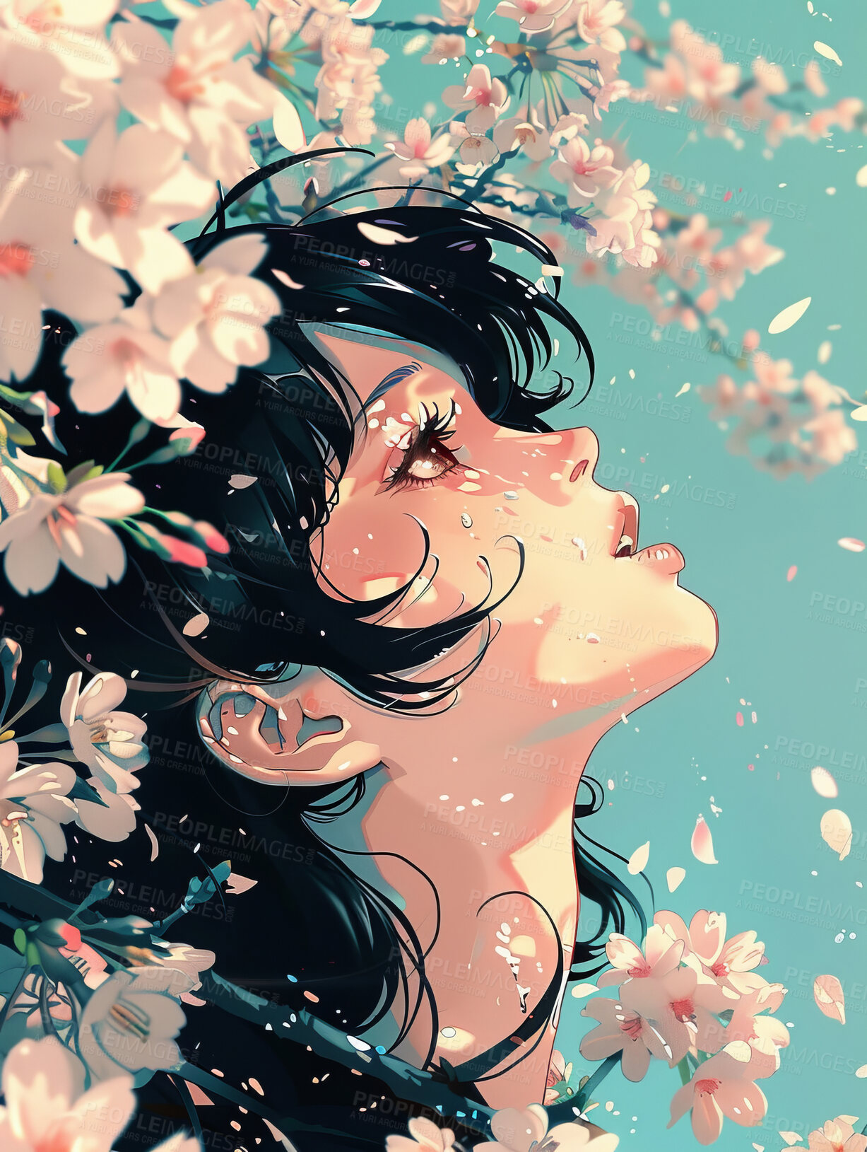 Buy stock photo Paint, anime and flower for girl, art and blue sky of Japan, illustration and fantasy of thinking. Wallpaper, graphic and person with wonder, petals and nature in weekend, cartoon and peace outdoor