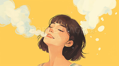 Illustration, woman and relax with smoke for art with yellow background for zen with peace for wallpaper. Creative, smile and happy with bubbles, beauty and rest for calm with enjoy for serenity