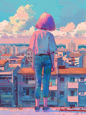 Anime, buildings and girl on rooftop with cityscape, clouds on blue sky and thinking with creative digital art. Drawing, character or illustration of calm person on roof in city on fantasy wallpaper.