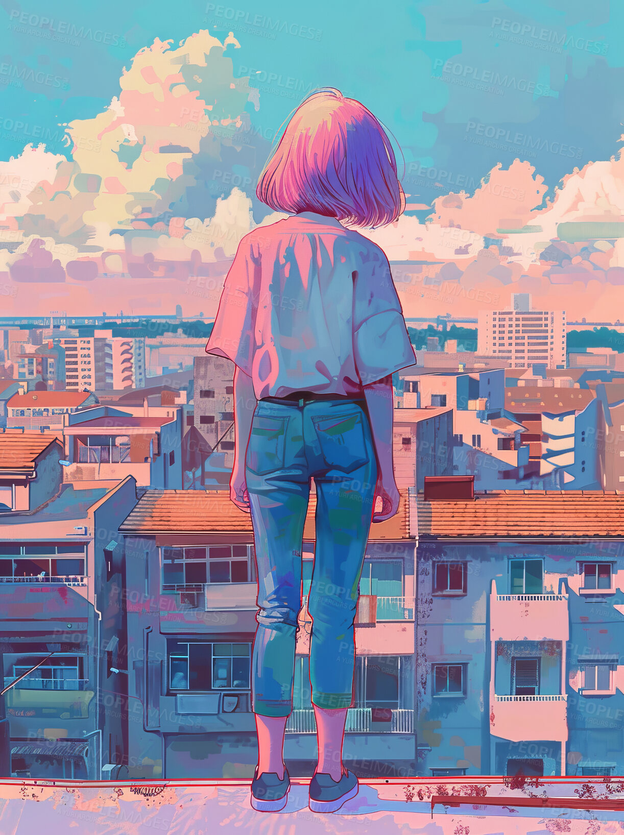 Buy stock photo Anime, buildings and girl on rooftop with cityscape, clouds on blue sky and thinking with creative digital art. Drawing, character or illustration of calm person on roof in city on fantasy wallpaper.