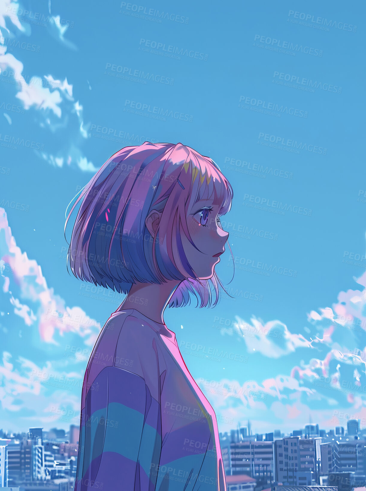 Buy stock photo Thinking, sky and city with anime girl for Japanese art, drawing or illustration for artistic creation. Woman, thoughts and memory outdoor with abstract design or animation for cartoon wallpaper.