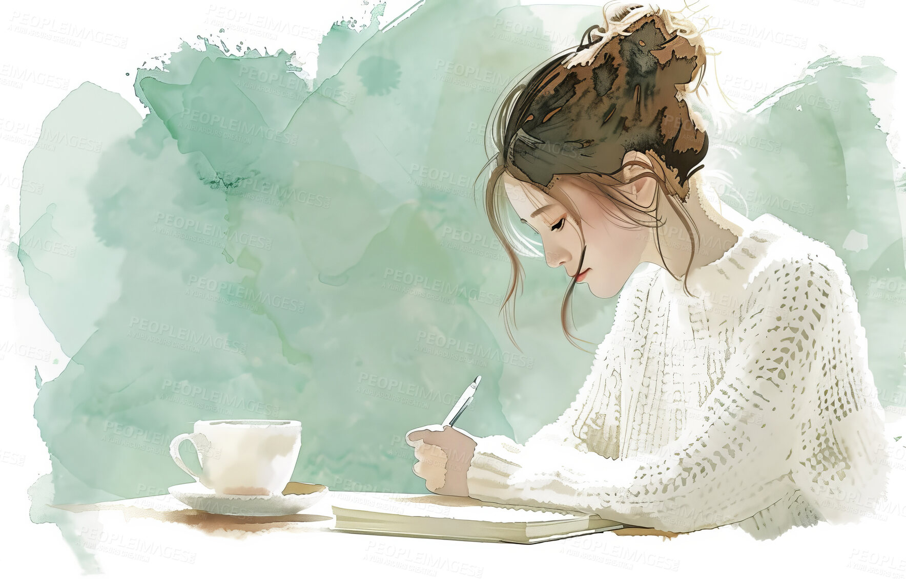 Buy stock photo Book, coffee and watercolor in illustration of woman with self care, creative writing and peace. Art wallpaper, abstract and female person with pen on journal for calm, mindfulness and mental health