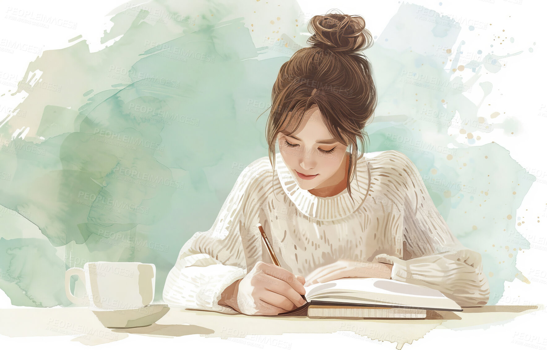 Buy stock photo Art, anime and woman with notebook, illustration and graphic design with wallpaper, painting and creativity. Person, girl and artistic with drawing, calm thoughts and picture with cartoon and manga