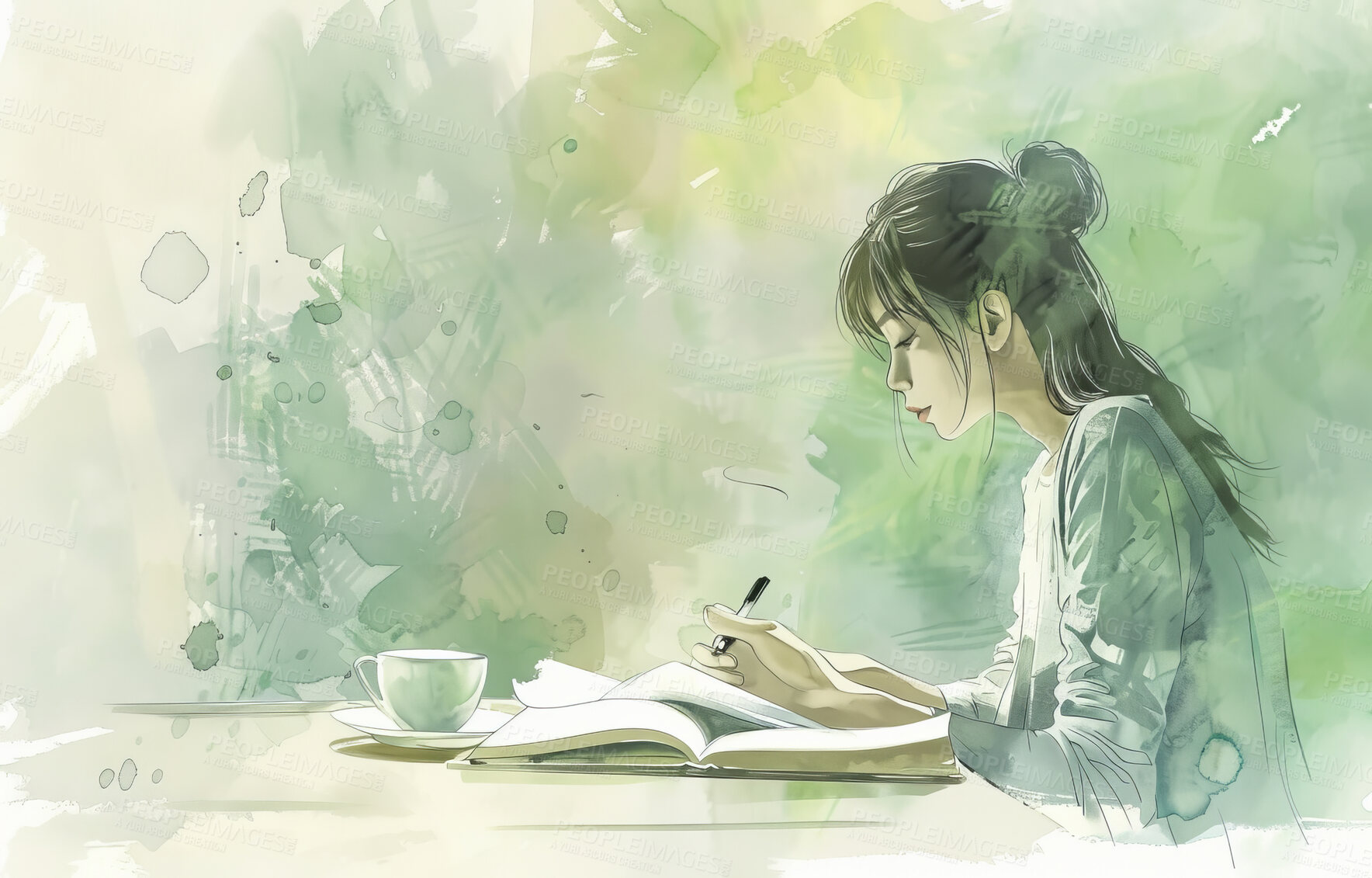 Buy stock photo Woman, writing and watercolor illustration or drawing of morning reading as wallpaper, background or notebook. Female person, pen and studying artist with tea cup for relax, painting or planning